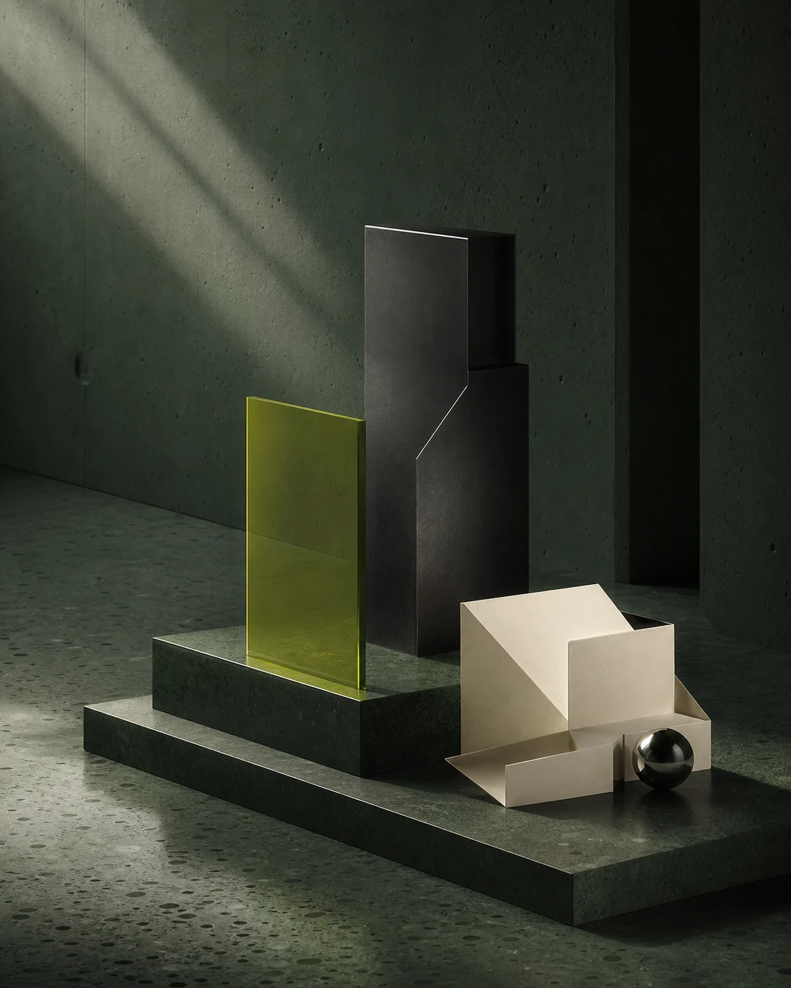 Architectural still life in forest green, graphite, ivory, and chartreuse